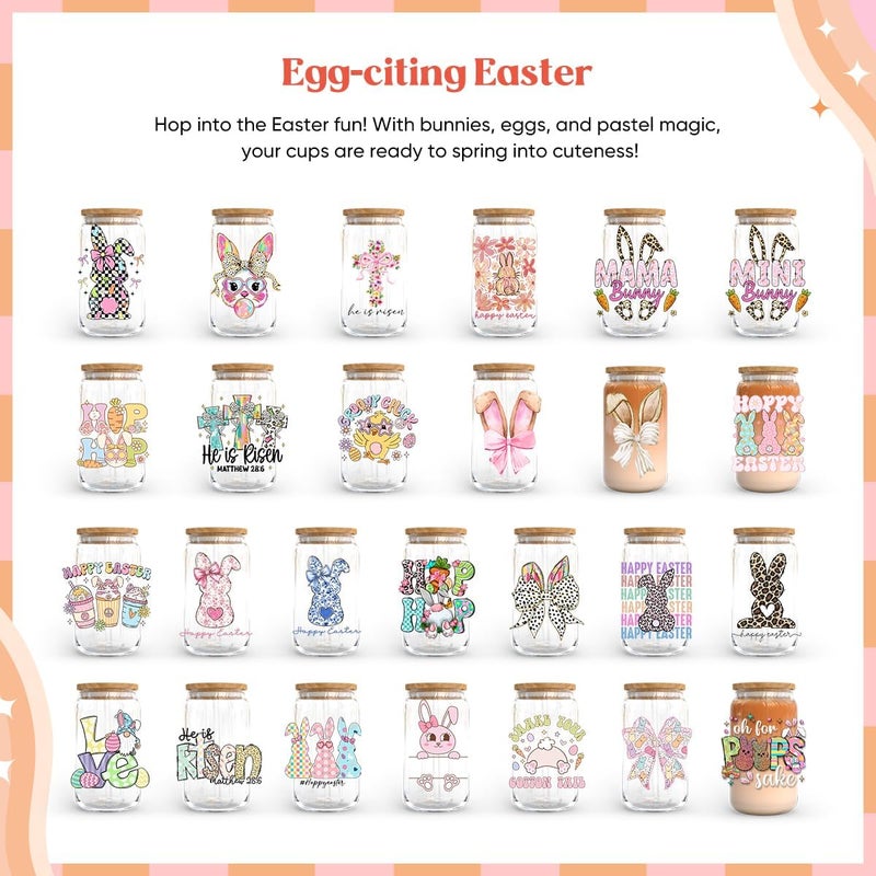 KACIOLA STUDIO Easter UV DTF Cup Wrap -26 Sheets Easter Day Theme UV DTF Cup Wraps for 16 oz Glass Mugs Coffee, Decals Waterproof Rub on Transfer Stickers DIY Mug Glasses Crafting - Image 2